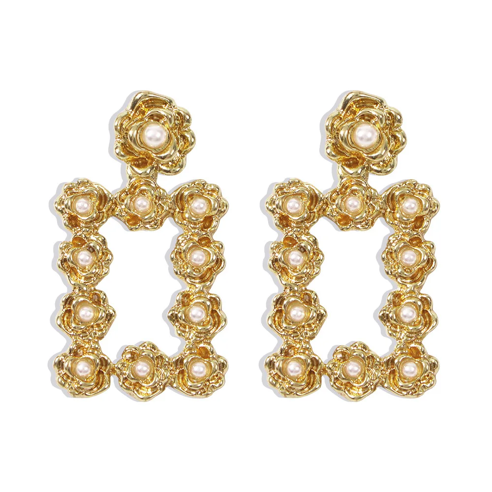

Vintage luxury gold metal pearl floral hoop earrings women dangle earrings jewelry