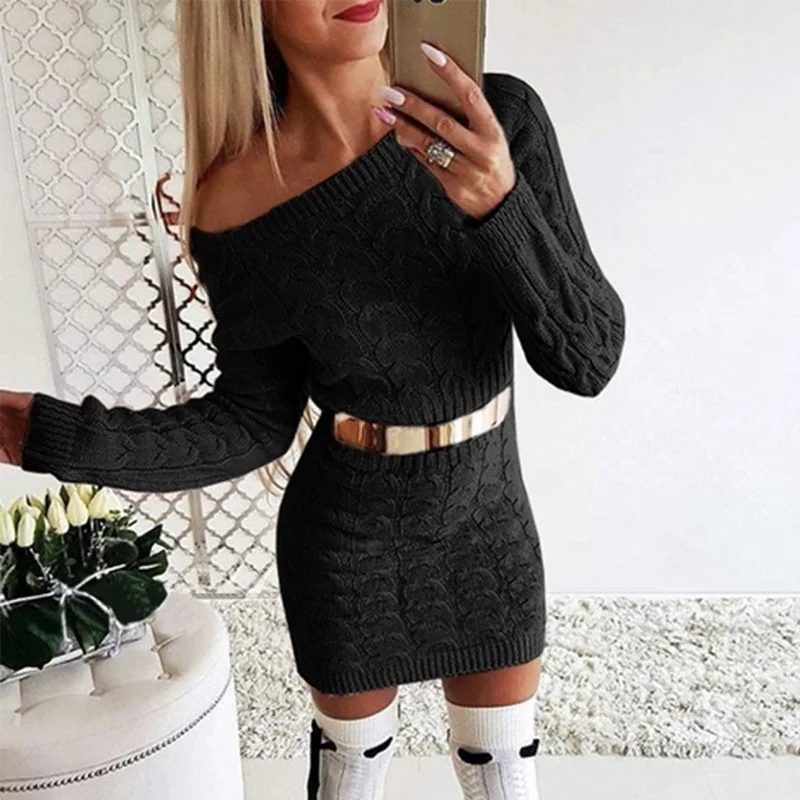 

Wholesale girls plain knitted black plain crew neck midi long pullover sweater dress, Selection