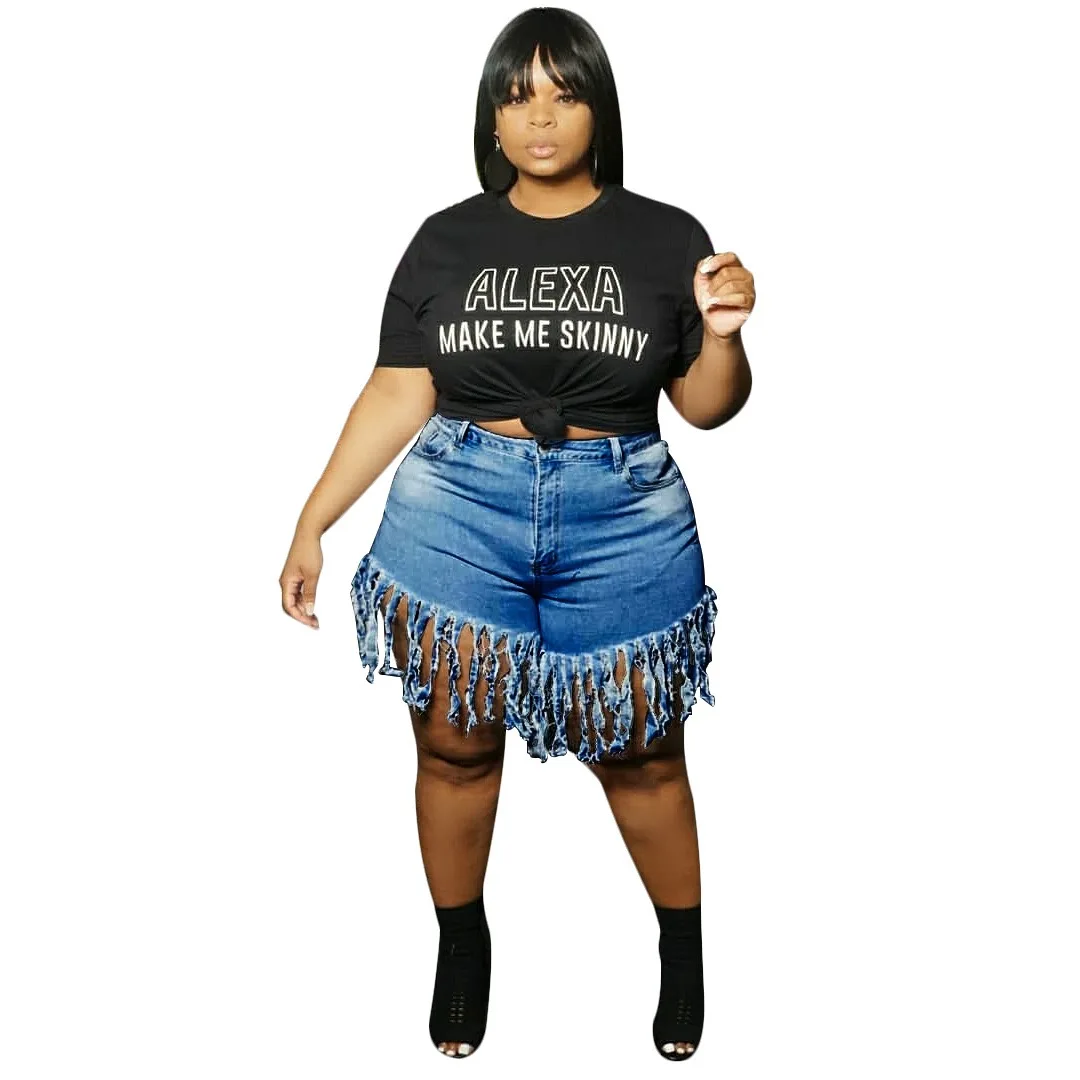 

Hot sale 2021 stylish 4xl plus size denim shorts with tassels design women short pants summer wear, Color as picture