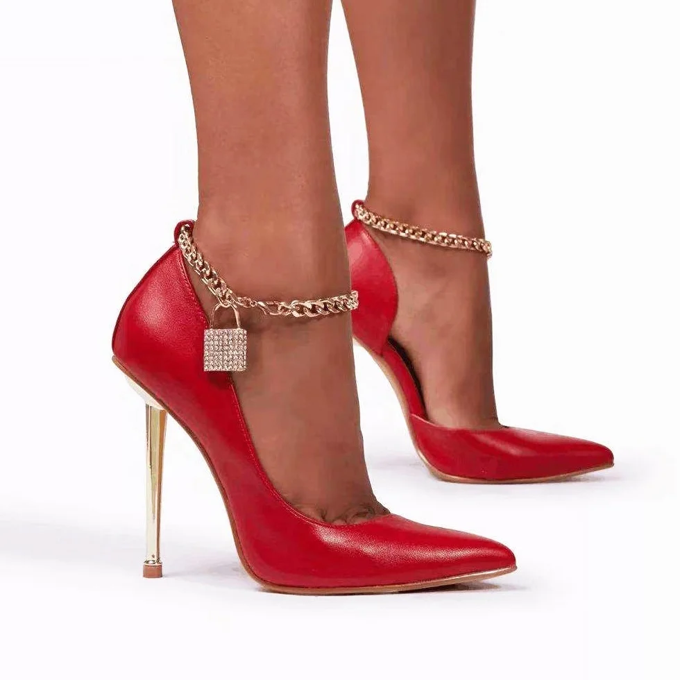 

2021 Women Party High Heel Pumps Sexy Metal Lock Chain Ankle Strap Hot Red Black White Ladies Dress Shoes Fancy Girls Stiletto, Black \ red \ apricot