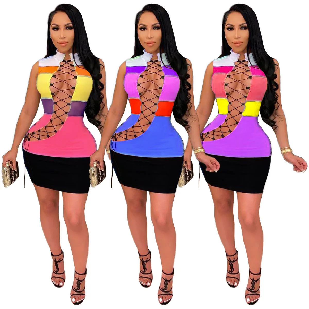 

New arrivals hot style women's clothing fashion stand-up collar color matching mini skirt sexy hollow lace-up bodycon dress