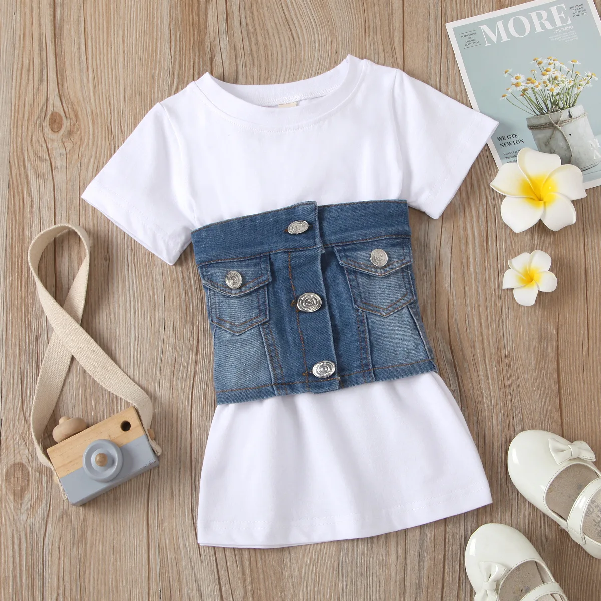 

1-6Y Toddler Kids Girl Short Sleeve White O-neck Dress With Denim Corset Bandage 2021 Summer Outfit