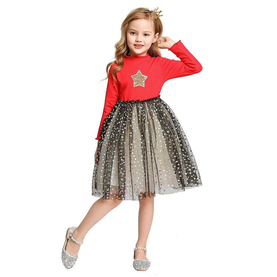 

Girls Spring Dress Star Sequined Tutu Kids Dresses for Girl Long Sleeve Cotton Children Clothing Princess Dress 2020 New, Picture show
