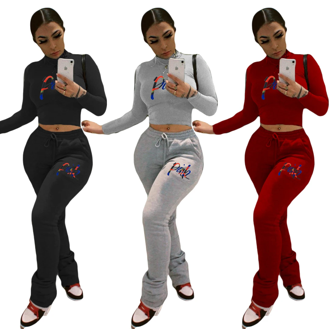 

Wholesale Long Sleeve Embroidered Letter Velvet Thickened Stacked Sweats Pants Two Piece Pants Set Womens Sweat Suits, As picture