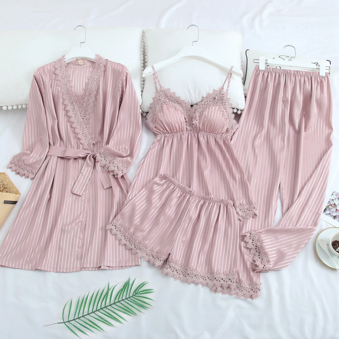 

2021 Satin Sleepwear Silk Pajamas Sets Stripe Design Lace Lounge Wear Women 4 Piece Set