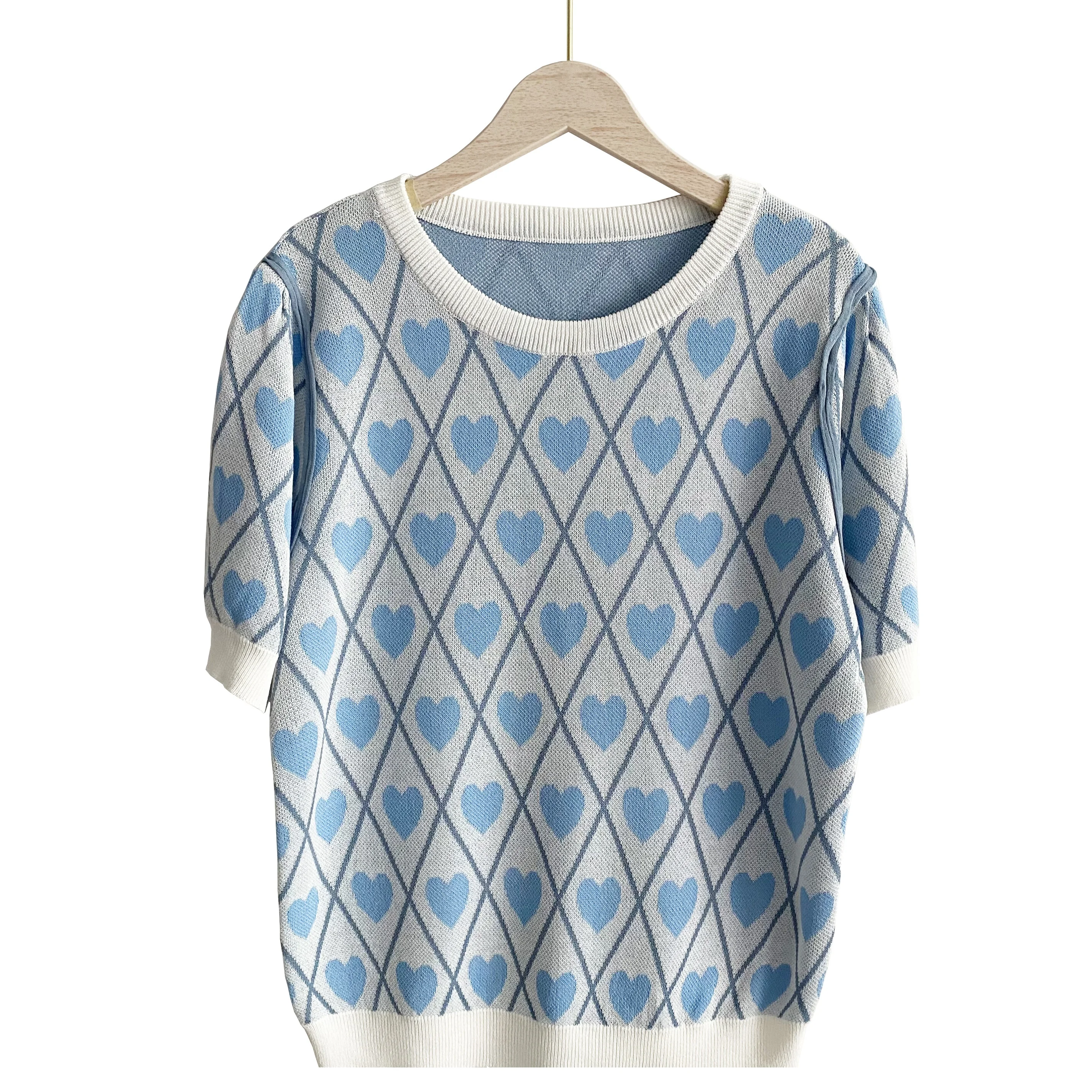 

2021 summer new style blue love O-neck pullover loose short sleeve thin computer knitted women casual sweater OEM service