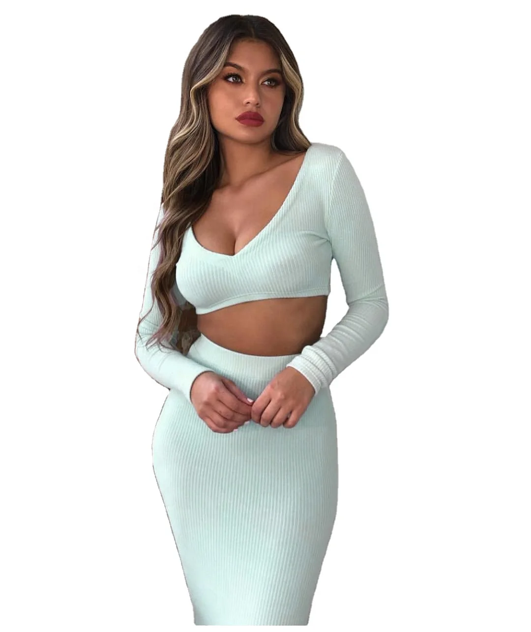 

Amazon Popular Women Long Sleeve Bodycon Night Club Sexy Two Piece Dress Set, White/green