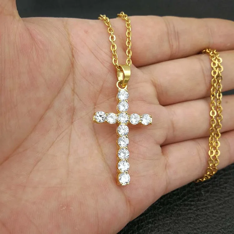 

18K Gold Plated Hip Hop Cubic Zirconia Cross Pendant Necklaces Stainless Steel Religious Crystal CZ Cross Pendant Necklace