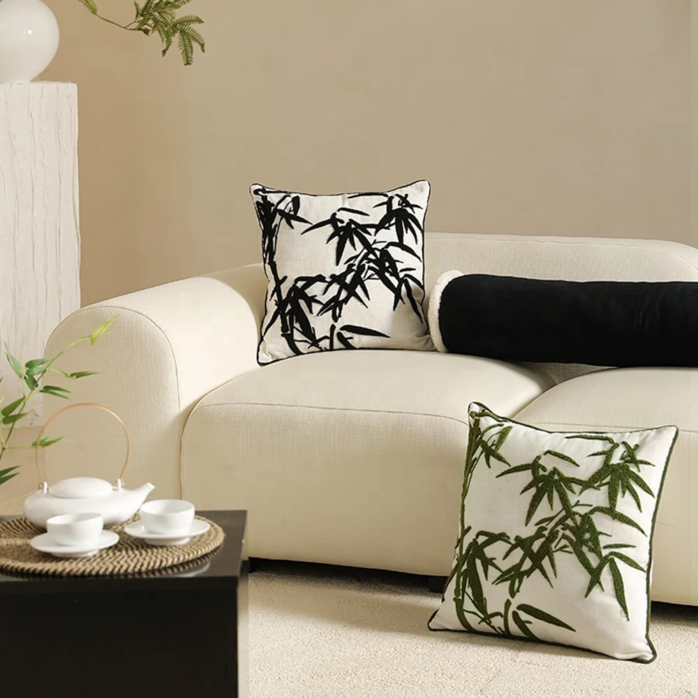 

Latest graceful oriental style throw pillow cover polyester linen bamboo pattern embroidered pillow case