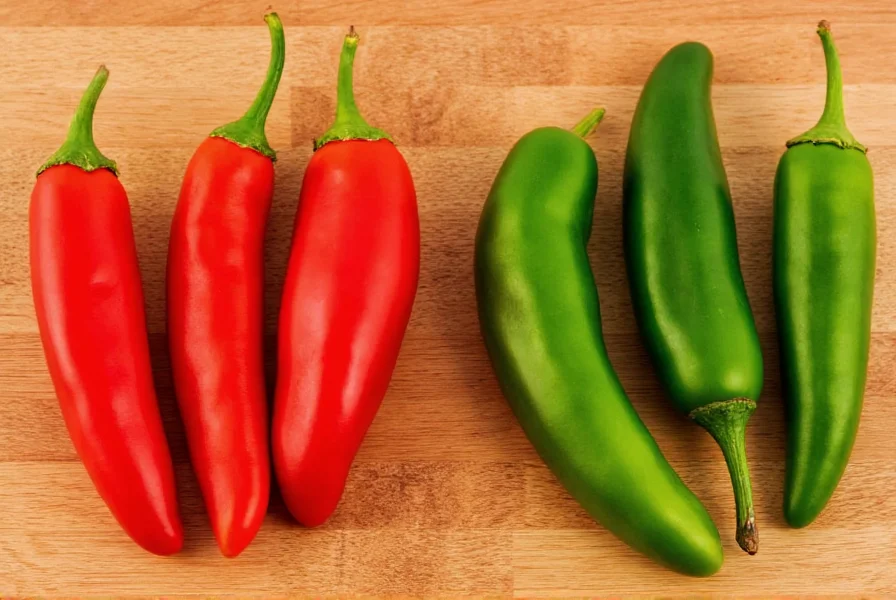 Close-up comparison of fresh red Fresno peppers next to green jalapeños on wooden cutting board