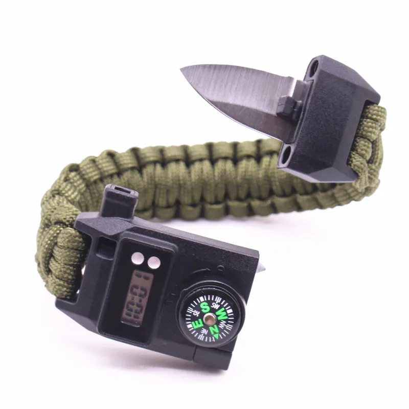 

Custom logo 7 in 1 Survival Gear Kit Paracord Bracelets with watch Embedded Compass, Fire Starter, Emergency Knife & Whistle, Army green,black or custom colors