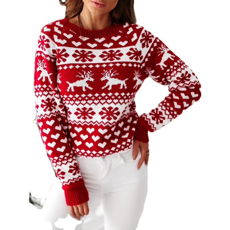 

Wholesale Christmas Deer Casual New Warm Acrylic Long Sleeve O-Neck Loose Autumn Winter Pullover Soft Knitted Women's Sweater, Customized color