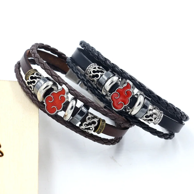 

Anime Akatsuki Uchiha Itachi Mangekyou Sharingan Cosplay Accessories Jewelry Red Cloud Metal PU Leather Wristband Bracelet, As picture