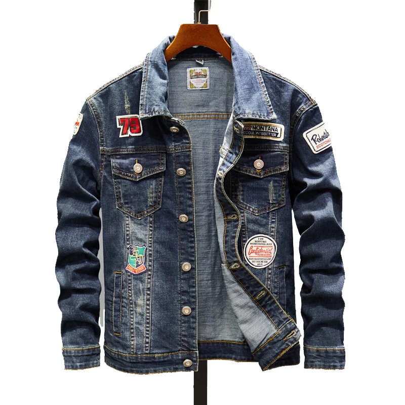 

Men's patch design vintage blue denim jacket Slim fit badge patchwork long sleeve jean coat Outerwear Denim Jacket