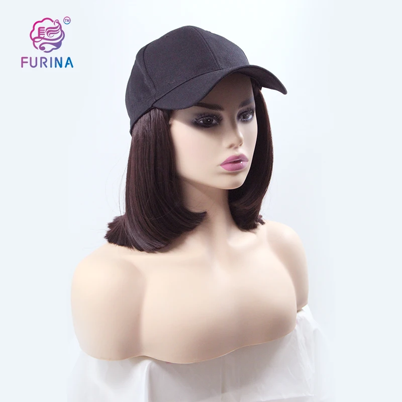 

Cute and practical for sunny day short straight Brown Synthetic Bob Wig with Baseball cap