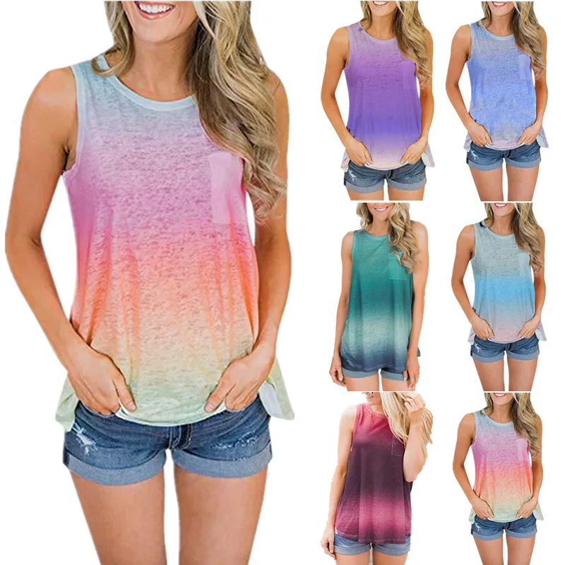 

2021 Summer New Round Neck Gradient Color Printing Vest T-shirt Women