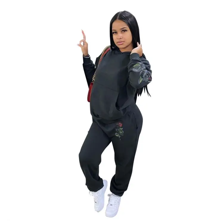 

W8849 Women fashion casual printed two piece hooded simple female set