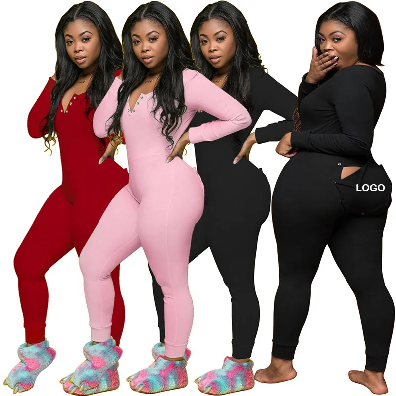 

Ladies winter custom onesie women Button Flip fleece Pajamas Homewear Long Sleeve Solid Jumpsuit thick onesie with flap, As picture