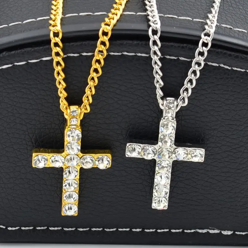 

Alloy Gold Color Cross Pendant Necklace Religious Iced Out Crystal Necklace Jewely For Men Cuban Chain, Sliver,gold