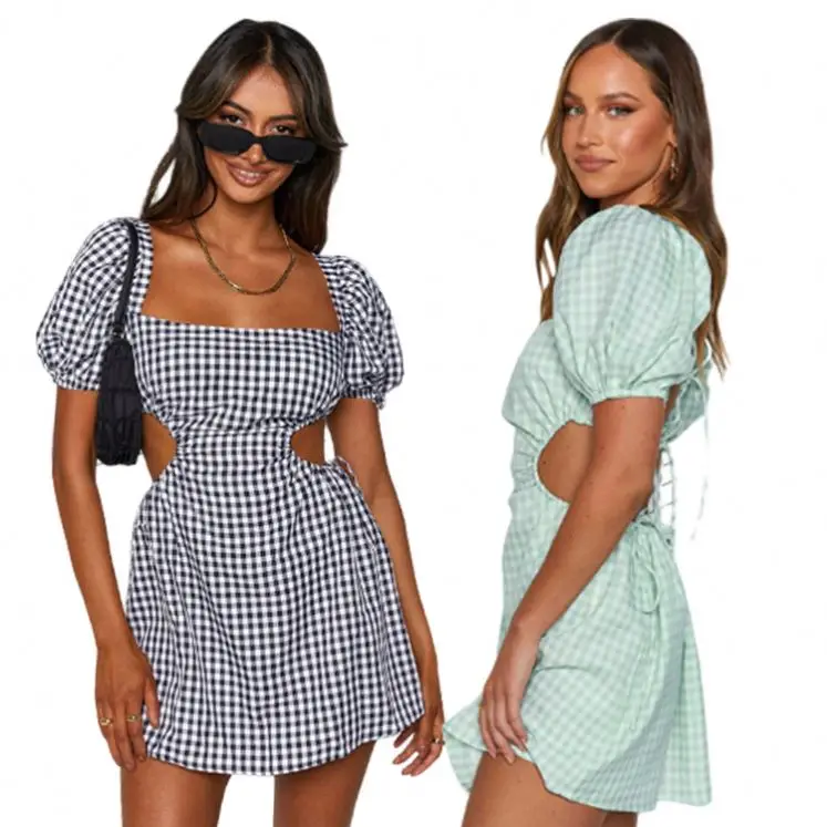 

Women summer sexy Puff short Sleeve Floral gingham Print check Plaid square neck cut out backless drawstring tie knot mini Dress, Green checker/black cheker/floral