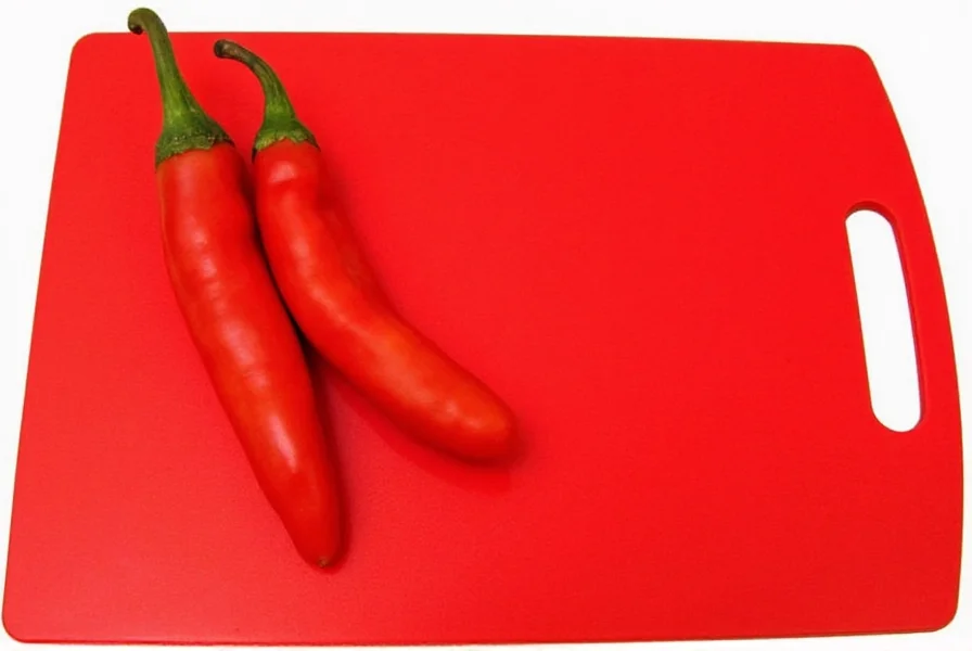 Bright red plastic cutting board dedicated for chili peppers with visible juice groove containing habanero peppers