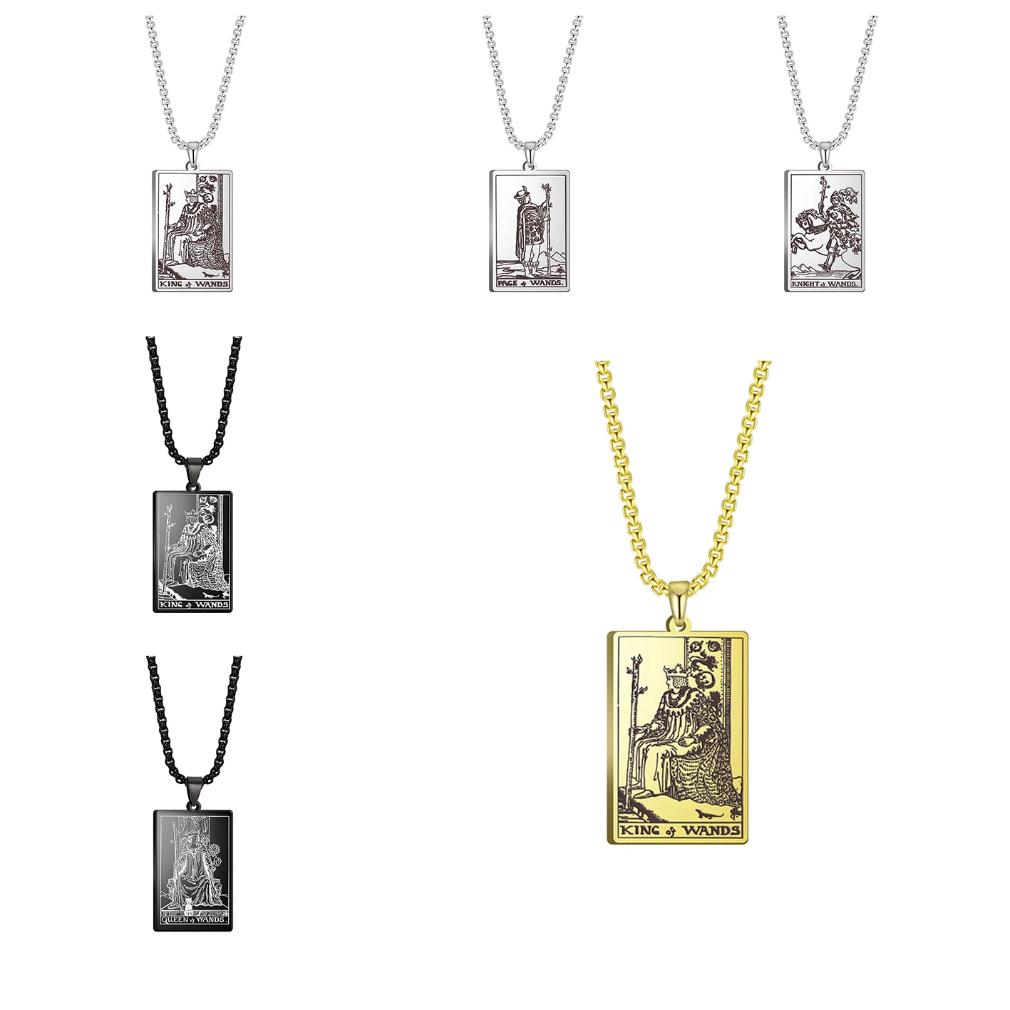 

Vintage Custom Palace Tarot Card Deck Pendant Necklace Stainless Steel King Queen Knight Page Wands Gold Plated Pendant Necklace, Steel color,gold,black gun