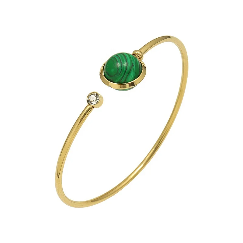 

Statement Rotatable Bead Bangle Wholesale Custom Women's Jewelry 18K Gold Plated Stainless Steel Green Malachite Bracelet