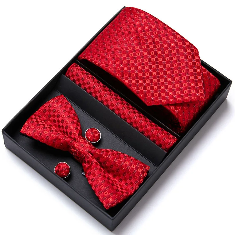 

Mens Necktie In Gift Box Bowtie And Pocket Square Cufflinks Set For Men Wedding Business Formal Suit Custom Tie Gravata Gift Set