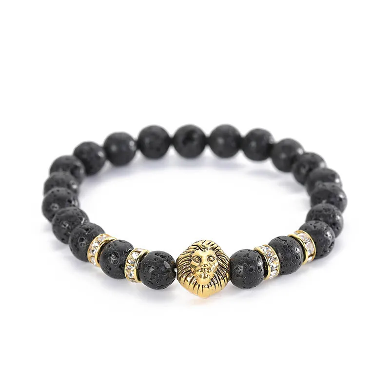 

2021 Gold Head Lion Bracelets Lava Crater Rock Crown Bracelet Set Fashion Men Bracelet Retro, Black and gold