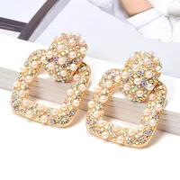 

Kaimei New Arrival Square Metal Colorful Rhinestone Pearls Dangle Earrings Fashion Jewelry 2020 Square Earrings For Women