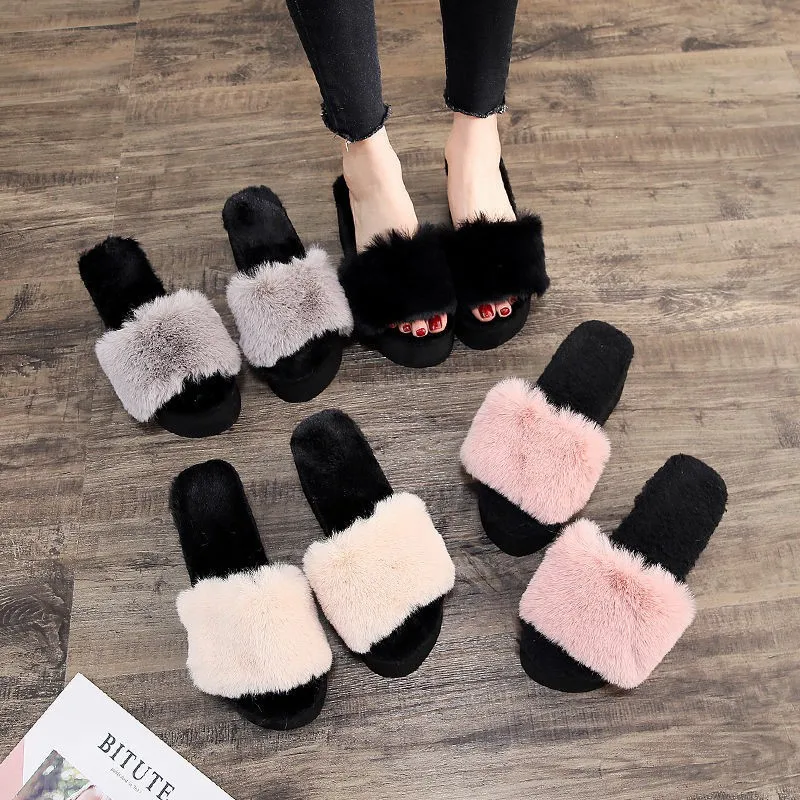 

New Summer Colorful Faux Fur Slides Warm Winter Soft Ladies House wedge sandals platform furry slippers for women, Black, gray, purple, pink, beige, brown, yellow