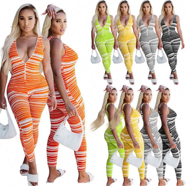 

OSINA New Arrival 2021 Horizontal Stripes Sleeveless Women Beautiful Casual Sumemr One Piece Jumpsuits