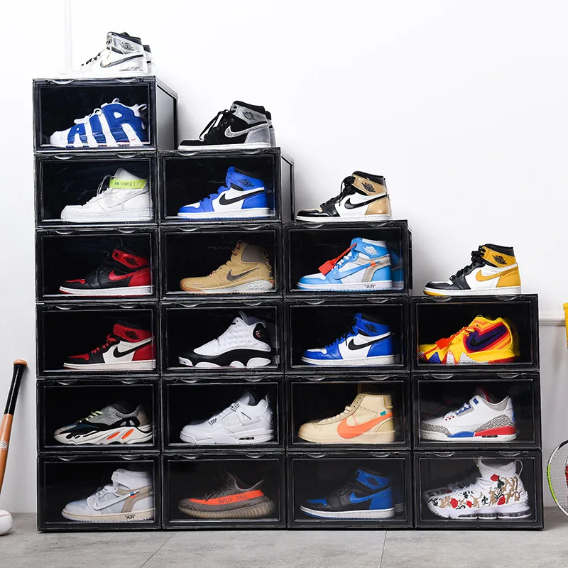 

Factory direct sale Thickened transparent dust-proof storage shoe box stackable Side open magnet double ear sneaker storage box, Black/transparent
