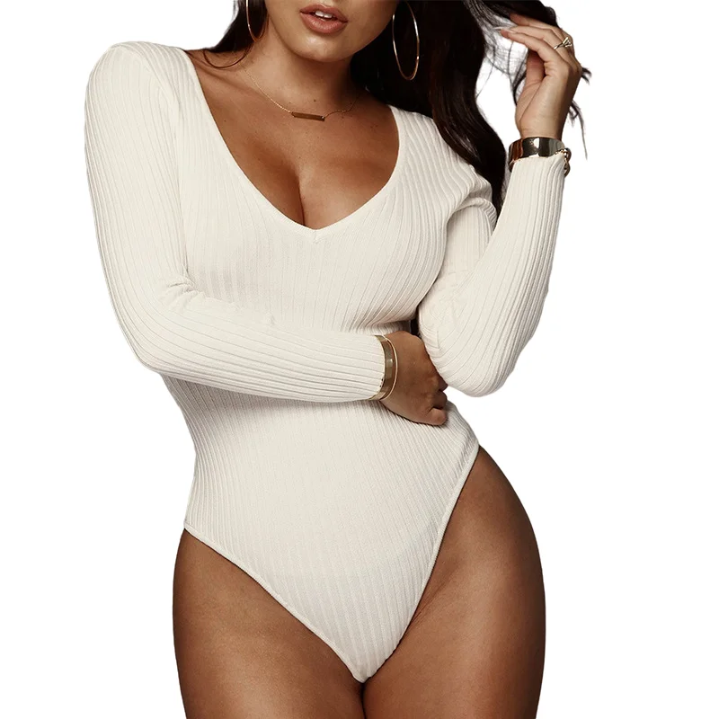 

Custom one piece womens bodysuit sexy v neck women's long sleeve bodysuit