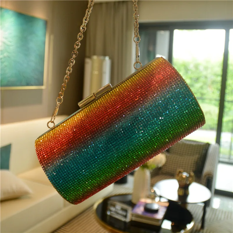 

New arrives 2021 ladies rainbow rhinestone purse clutch bag evening colorful diamond cylinder chain shoulder bag women hand bags