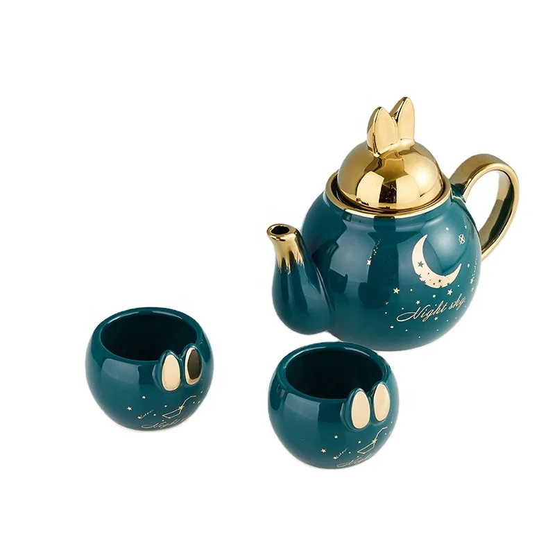 

Nordic Star And Moon Rabbit Tea Pot And 2 Cups Porcelain Tea Gift Set With Golded Rim