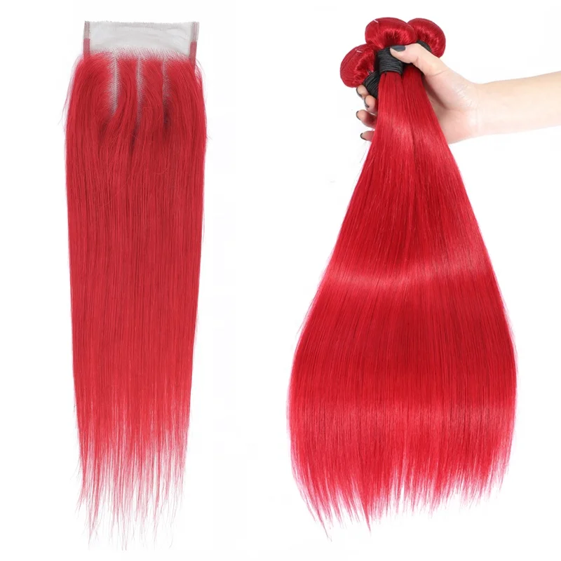 

Top soft and smooth 100% remy human hair red hair extensions three bundles with closure, Burgundying