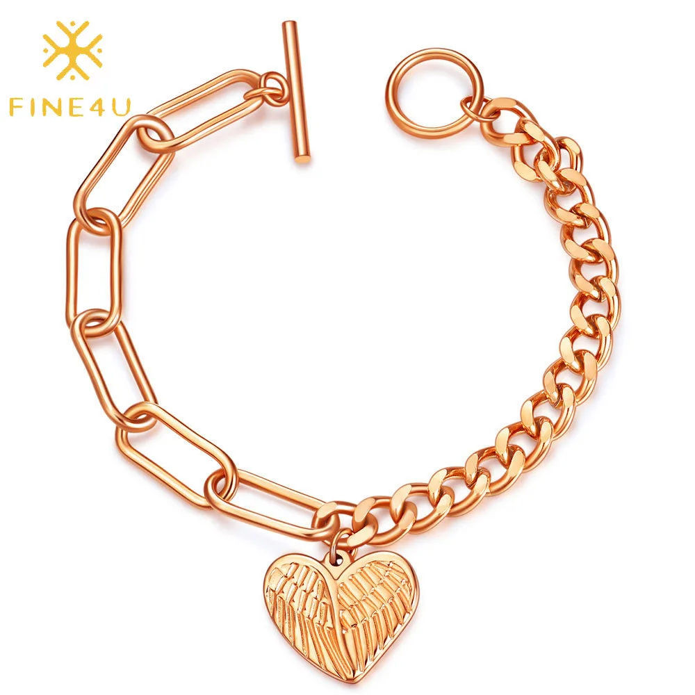 

Adjustable unisex stainless steel rose gold angel wings plated heart link chain bracelet