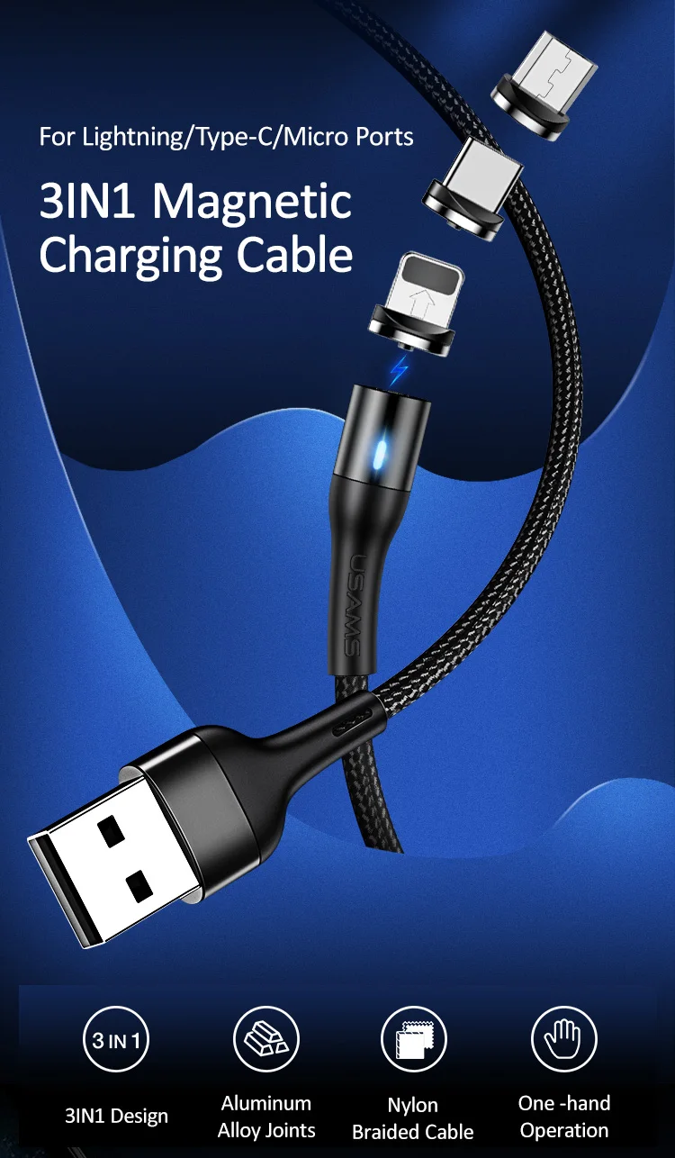 USAMS 3 in 1 Universal Port Nylon Braided Magnetic 3A Data Charging USB Cable
