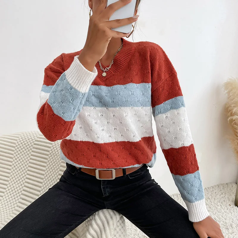 

Dropshipping V Neck Women Knitted Striped Color Blocking Pullover Sweater