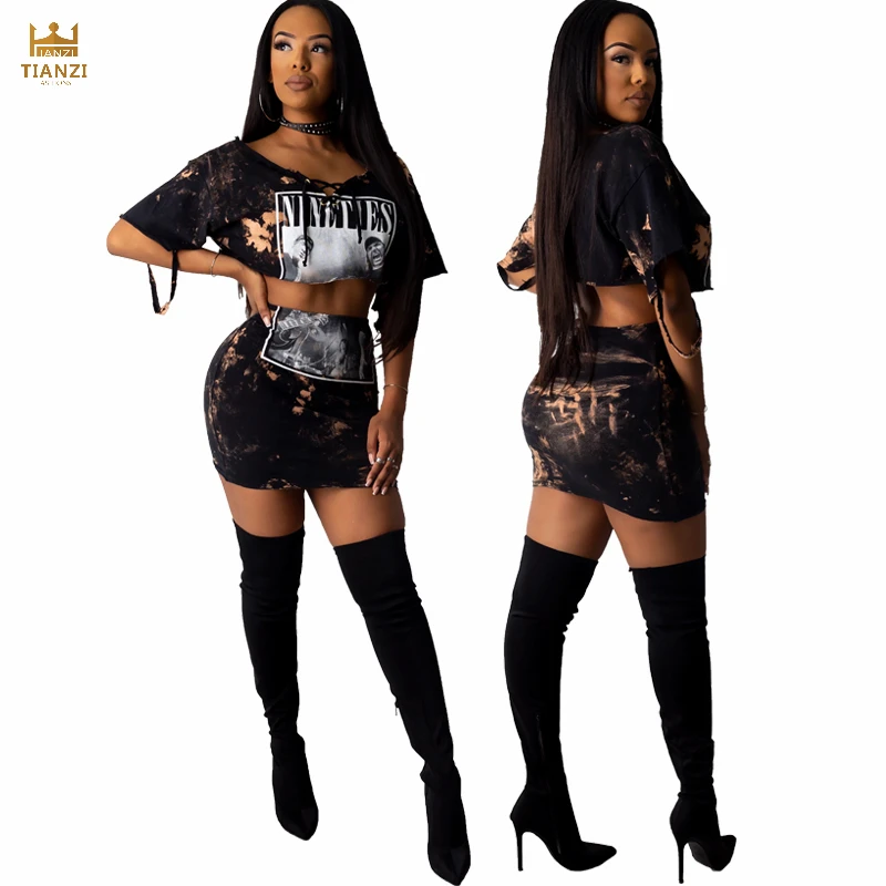 CD8255 - women modern print skirts and crop top two piece set clothing