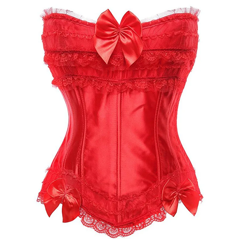 

Sexy Satin Overbust Corset Top Lace Bowknot Decorated Clubwear Showgirl Body Shaper Plus Size S-6XL