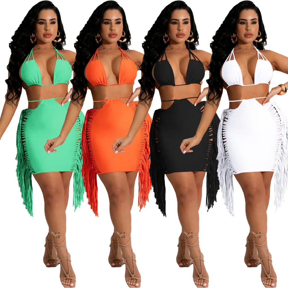 

2022 New Arrivals Fashion Women Sexy Neck Drawstring Bra Bikini Side Tassel Mini Dress Solid 2 Piece Set Swimwear Beachwear, Picture show