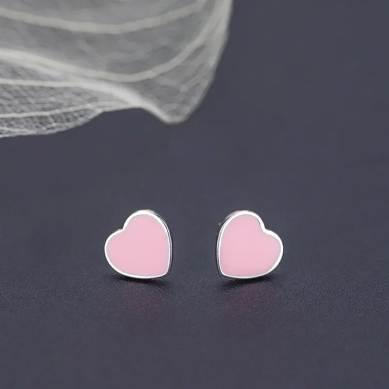 

Cute Pink Love heart Shape Stud Earrings 925 Sterling Silver Needle