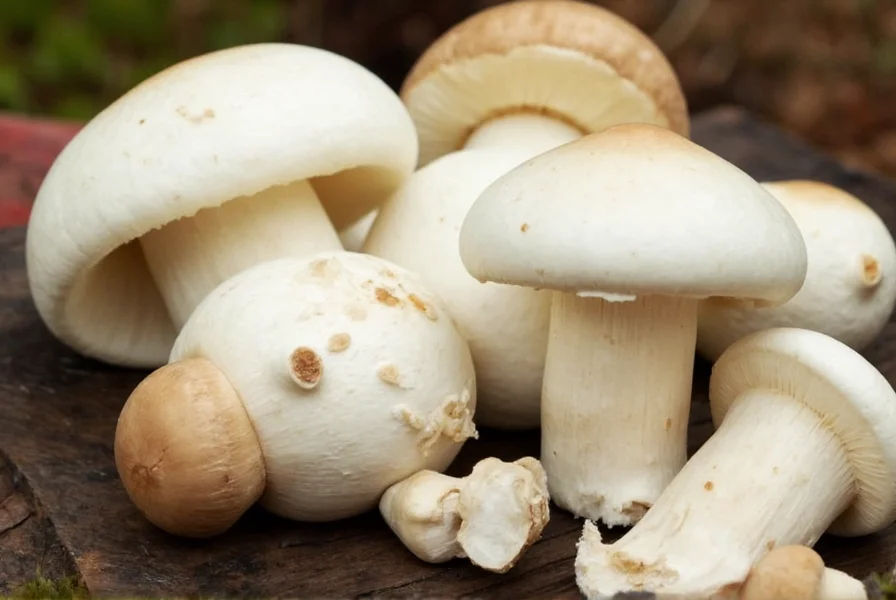 Close-up of button mushrooms showing characteristic white caps and gills