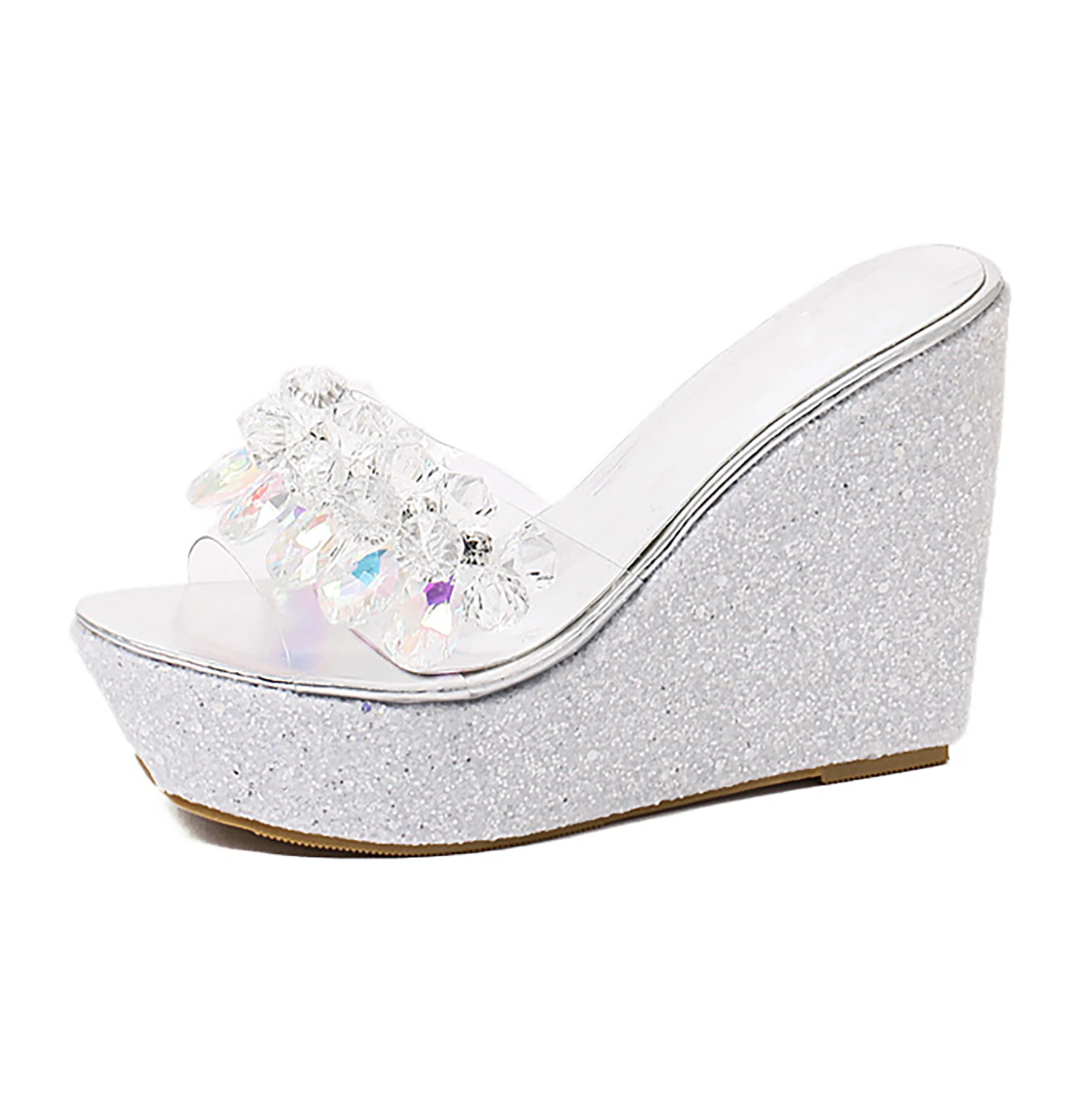 

Hot Sale Rhinestones Shining Ladies Sandals Slip On Comfortable Wedges Heel Shoes Platform Slippers For Women Wholesale