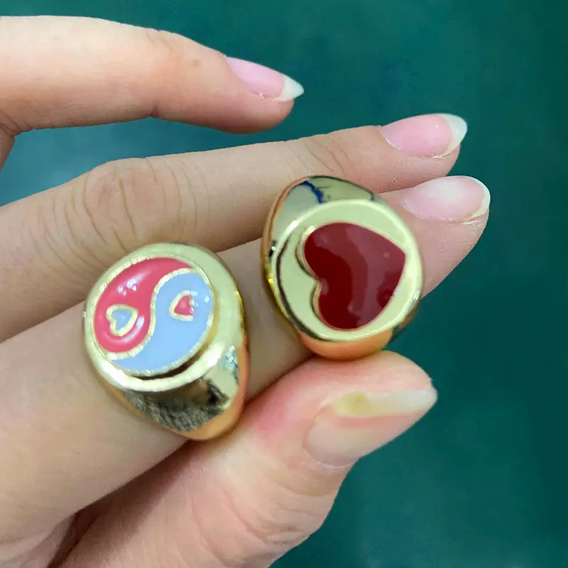 

High Quality Cheap Jewelry Wholesale Bling Crystal Enamel Yin Yang Heart Chunky Rings For Women Girls Gift, Mixed color
