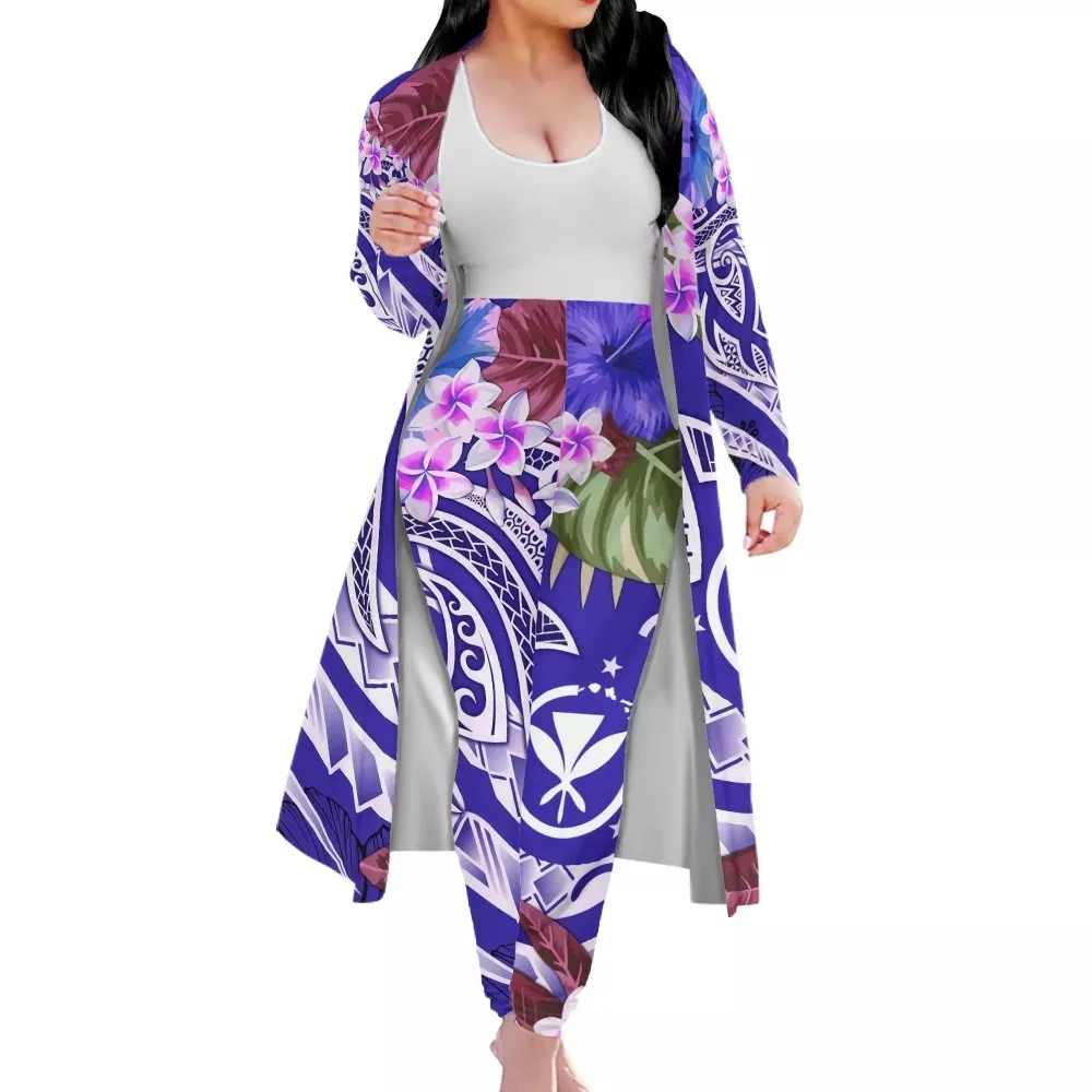 

OEM Polynesian Traditional Hawaiian tribe printed long cardigan women 2 pieces special custom plus size jacket kimono pants