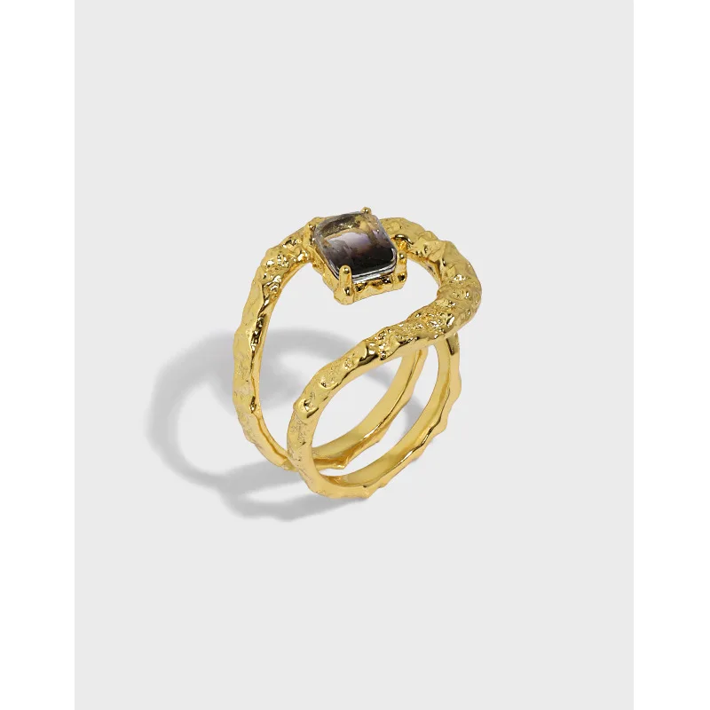 

INS New Design S925 Sterling Silver Geometric Zircon Ring 18K Gold Plated Plated Irregular Black Crystal Open Ring for Women