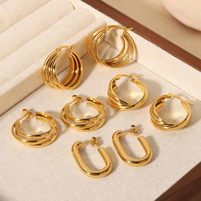 

Vintage 18K PVD Gold Stainless Steel Hypoallergenic Earrings Tube Twisted Multilayer Hoop Earrings for Women